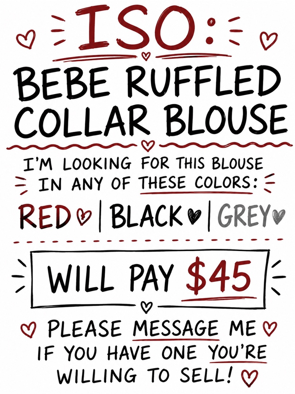 ISO- Bebe Ruffled Collar Blouse - Red, Black, Grey